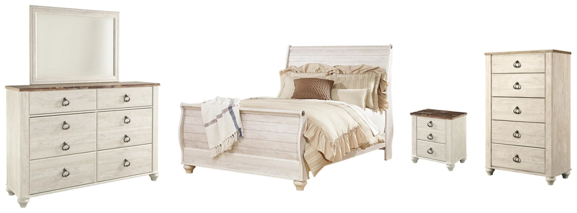 Willowton Queen Sleigh Bed with Mirrored Dresser, Chest and Nightstand