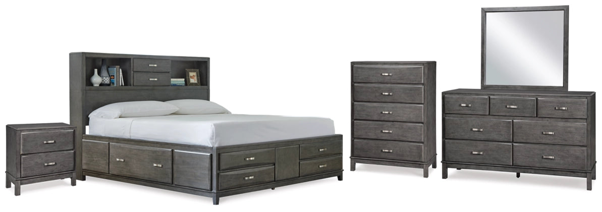 Caitbrook Queen Storage Bed with 8 Storage Drawers with Mirrored Dresser, Chest and Nightstand