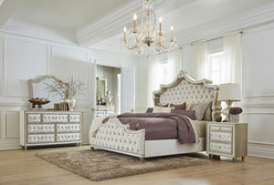 Q 5PC Antonella Upholstered Tufted Bedroom Set Ivory and Camel