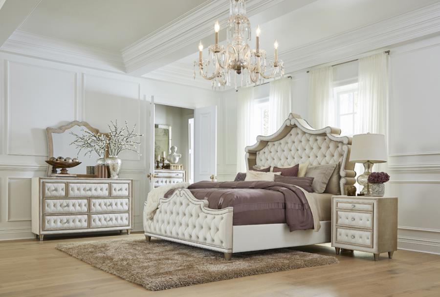 Q 5PC Antonella Upholstered Tufted Bedroom Set Ivory and Camel
